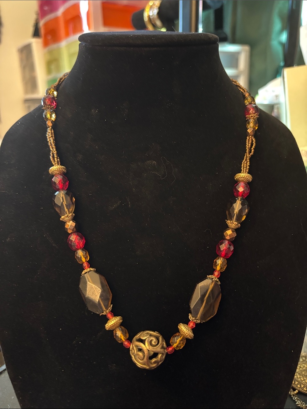 Bronze-Tone Red and Brown Beaded Statement Necklace